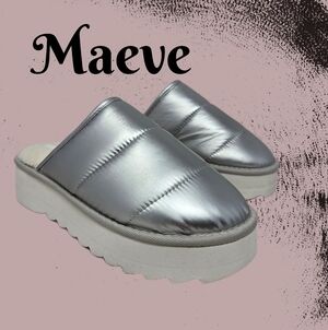 Maeve Women Puffer Platform Slippers Sz 7-8 M Silver Nylon Upper Cream Faux Fur